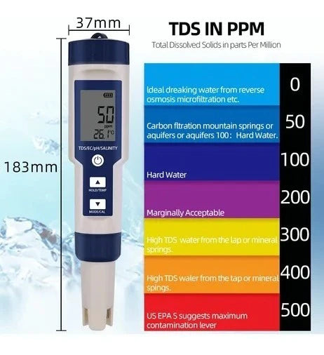 Medidor 5 en 1 TDS/EC/PH/Salinidad y temperatura