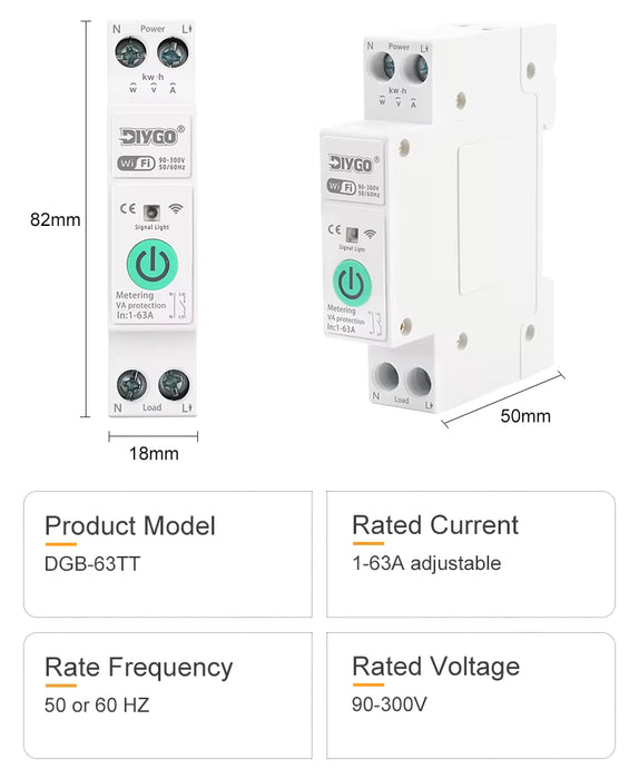 Breaker inteligente WiFi DGB-63TT con medidor  de energía y protección de voltaje
