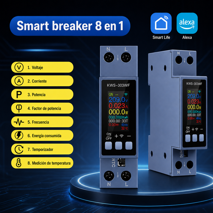 Medidor inteligente y breaker WiFi para riel DIN KWS-303WF con termistor