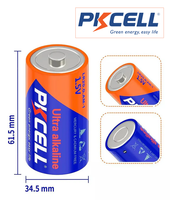 PKcell batería alcalinas 1.5V tipo D LR20 (2 piezas)