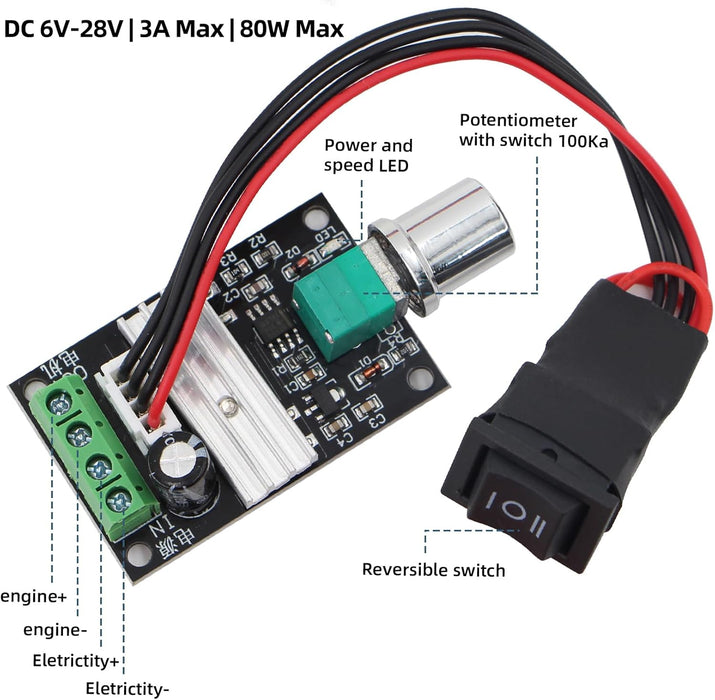 Controlador PWM de velocidad para motor DC 6V-28V 3A con inversión de giro