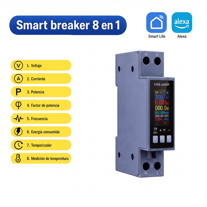 Medidor inteligente y breaker WiFi para riel DIN KWS-303WF con termistor